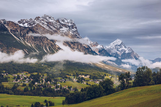 Panorama of Boite Valley with Monte Antelao, the highest mountain in the eastern Dolomites in northeastern Italy, southeast of the town of Cortina d'Ampezzo, in the region of Cadore, Italy.